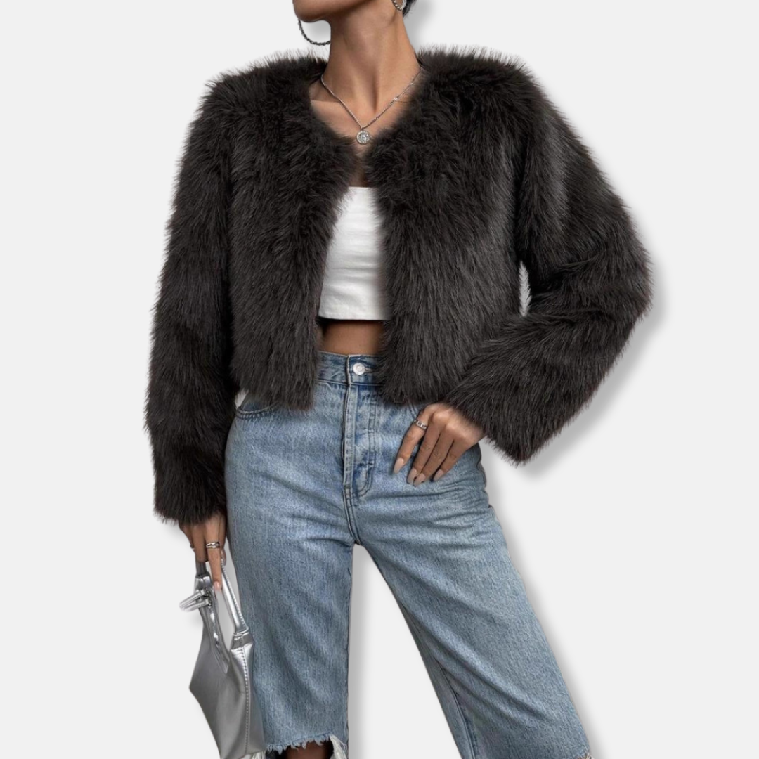 Women’s Cropped Fur Coat – Faux Fur – Relaxed Fit – Open Front – Long Sleeve – Collarless
