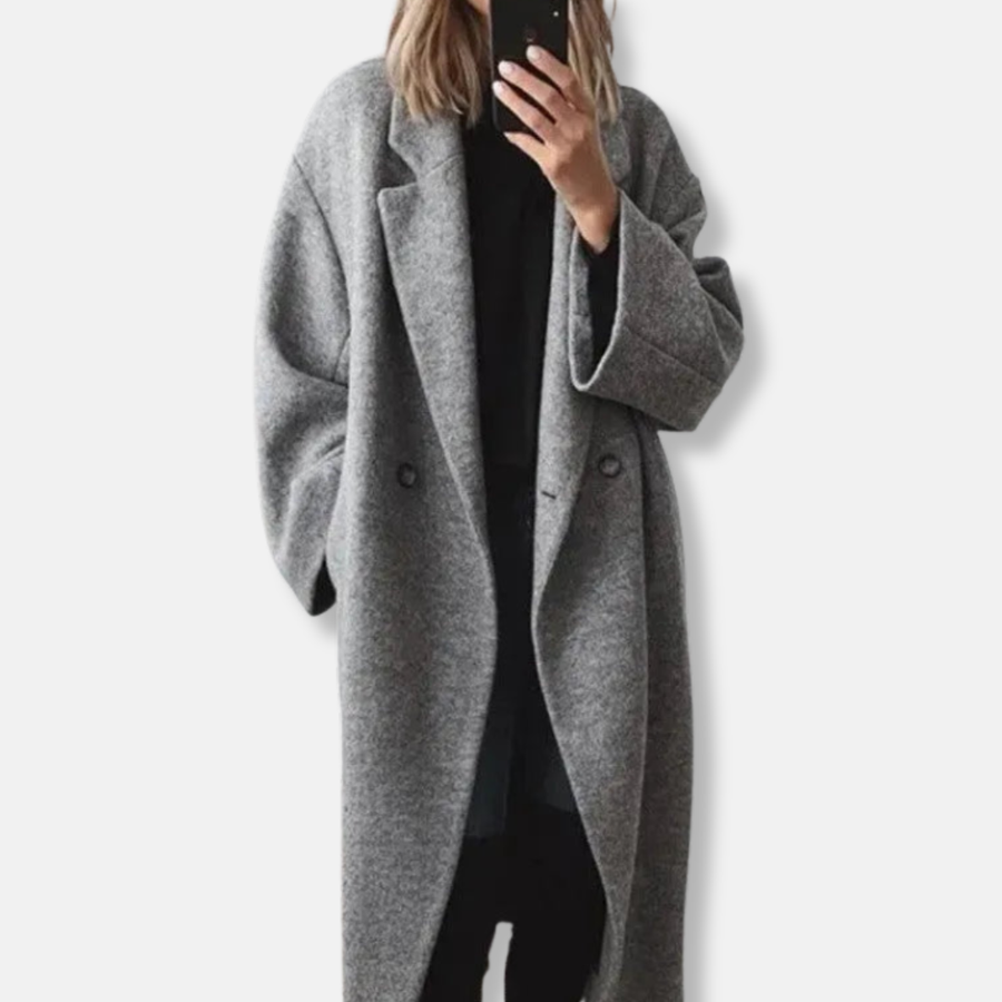 Isla Relaxed Fit Long Coat | Double-Breasted Notch Lapel Coat