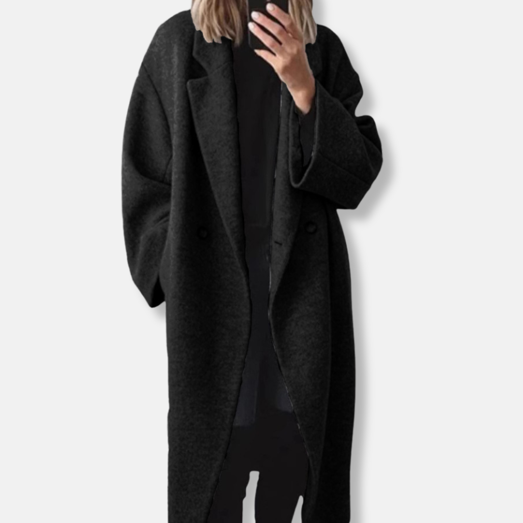 Isla Relaxed Fit Long Coat | Double-Breasted Notch Lapel Coat