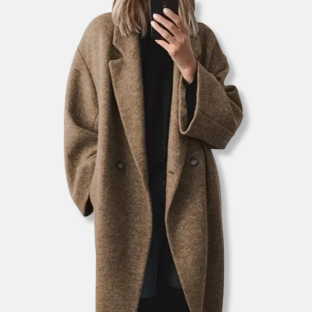 Isla Relaxed Fit Long Coat | Double-Breasted Notch Lapel Coat