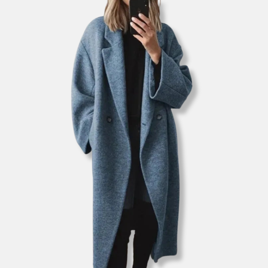 Isla Relaxed Fit Long Coat | Double-Breasted Notch Lapel Coat