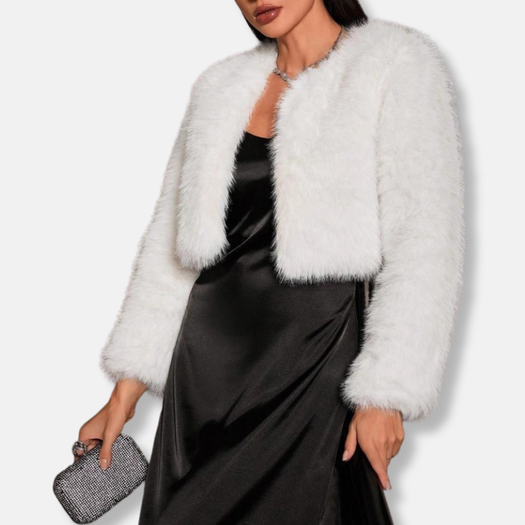 Women’s Cropped Fur Coat – Faux Fur – Relaxed Fit – Open Front – Long Sleeve – Collarless