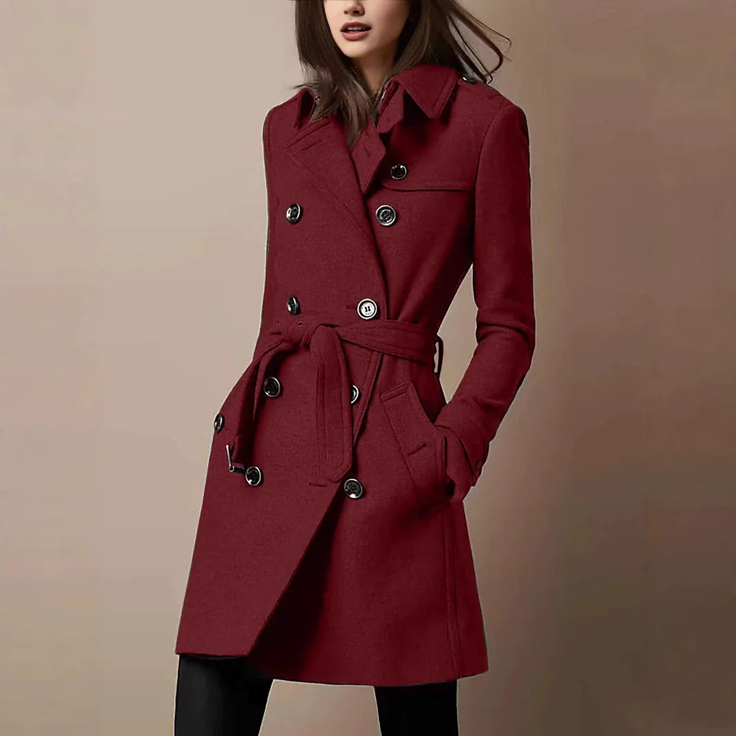 Women’s Coat – Slim Fit – Double-Breasted – Belted Waist – Mid-Thigh Length