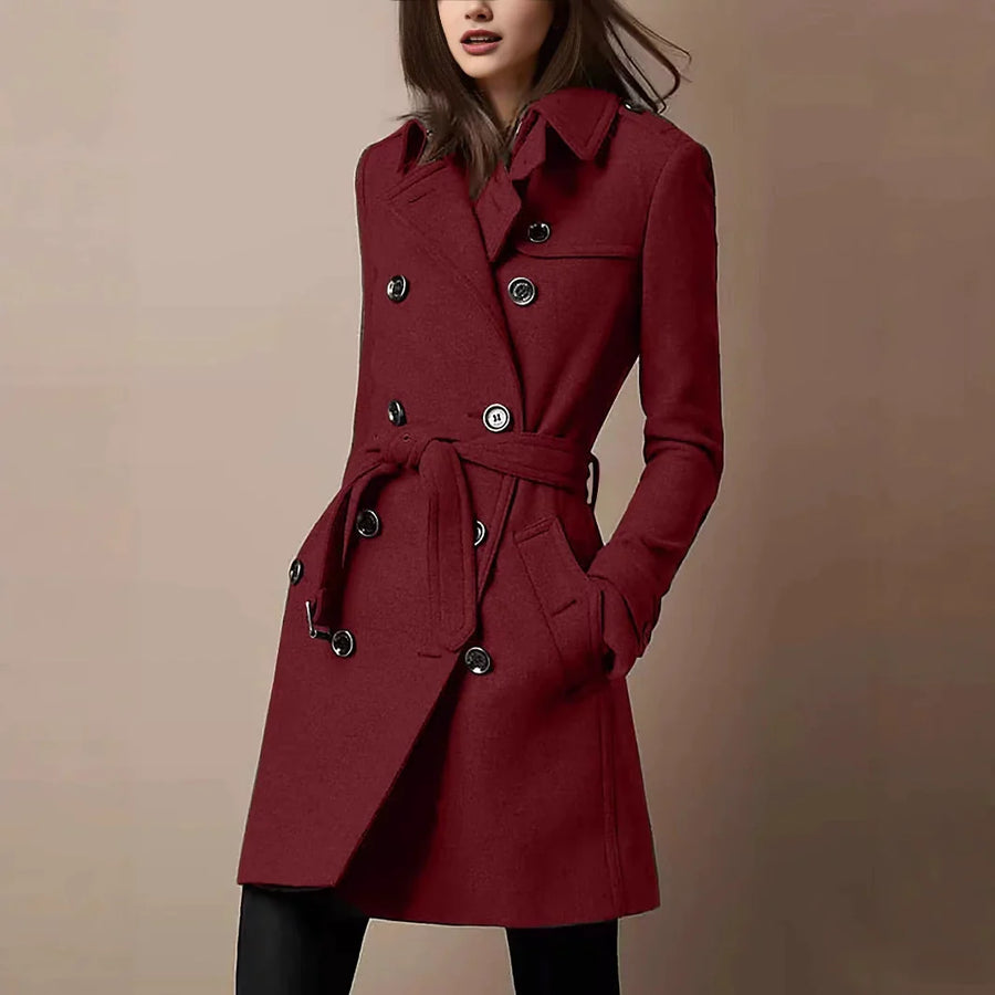 Women’s Coat – Slim Fit – Double-Breasted – Belted Waist – Mid-Thigh Length