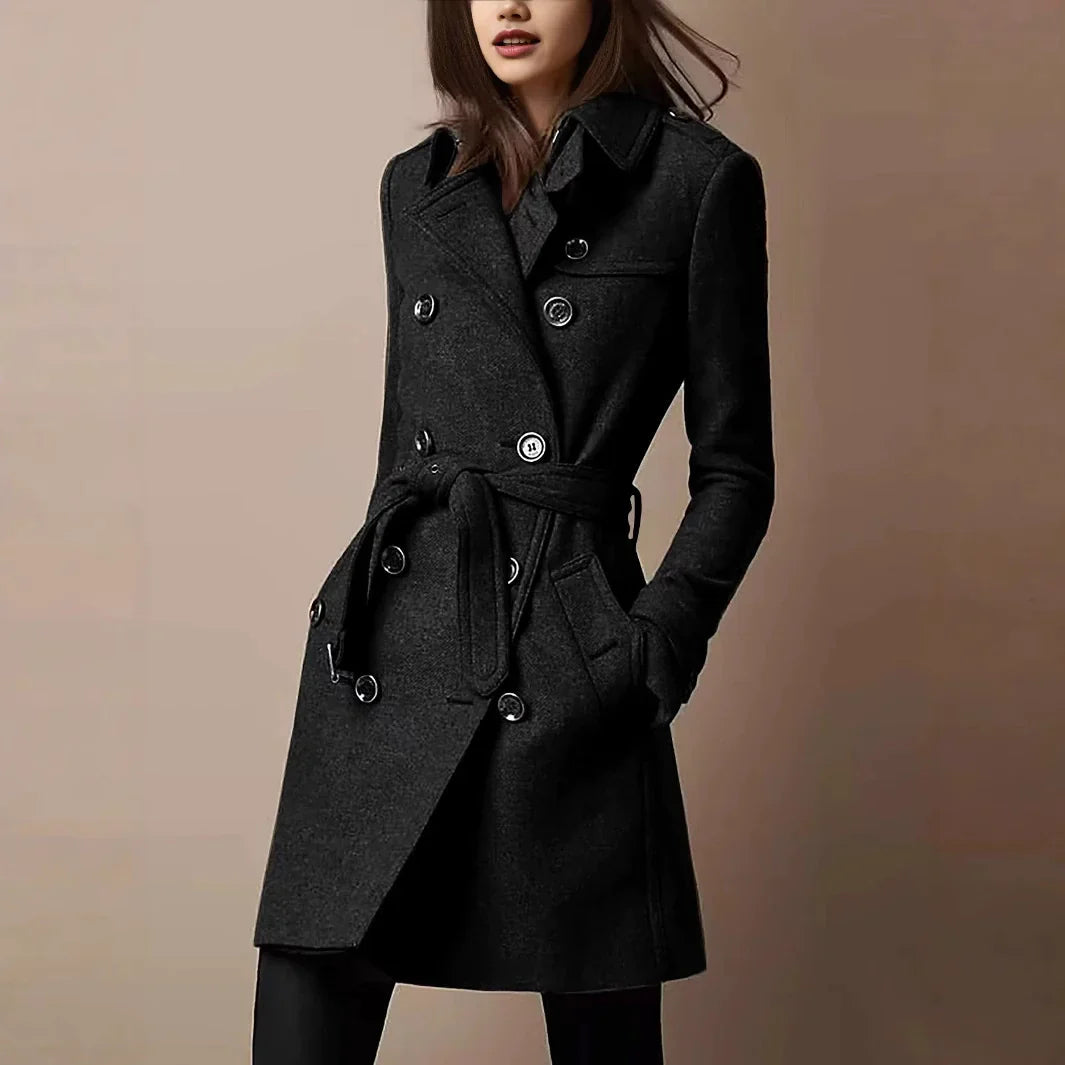Women’s Coat – Slim Fit – Double-Breasted – Belted Waist – Mid-Thigh Length