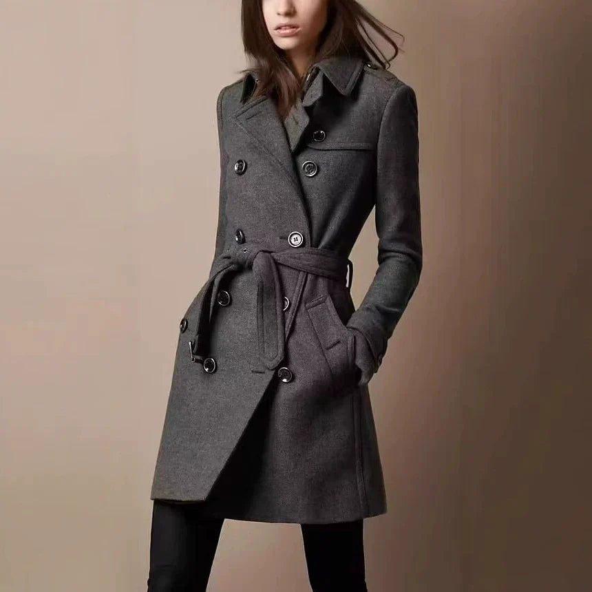 Women’s Coat – Slim Fit – Double-Breasted – Belted Waist – Mid-Thigh Length