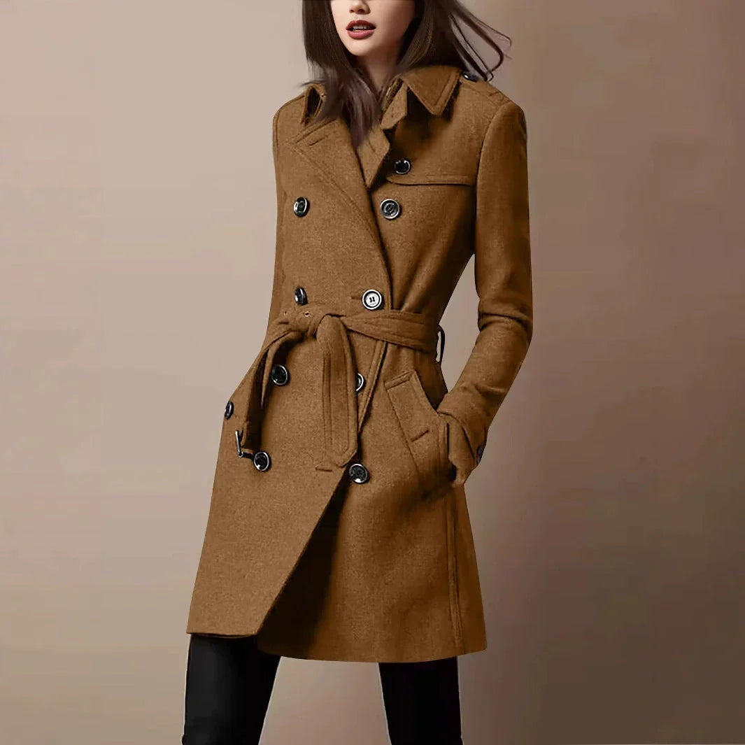 Women’s Coat – Slim Fit – Double-Breasted – Belted Waist – Mid-Thigh Length